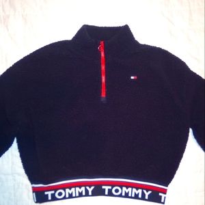 TOMMY HILFIGER SPORT, Blue Sherpa fleeced quarterzip pullover cropped sweatshirt